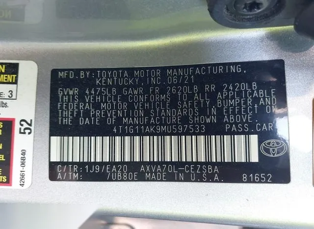 4T1G11AK9MU597533 2021 2021 Toyota Camry- SE 9