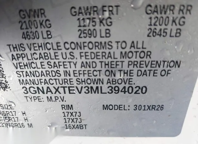 3GNAXTEV3ML394020 2021 2021 Chevrolet Equinox- Awd 2Fl 9