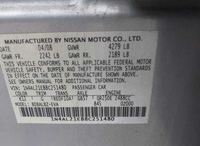 1N4AL21E88C251480 2008 2008 Nissan Altima- 2-5 S 9