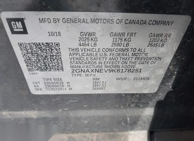 2GNAXNEV9K6178251 2019 2019 Chevrolet Equinox- Premier 9