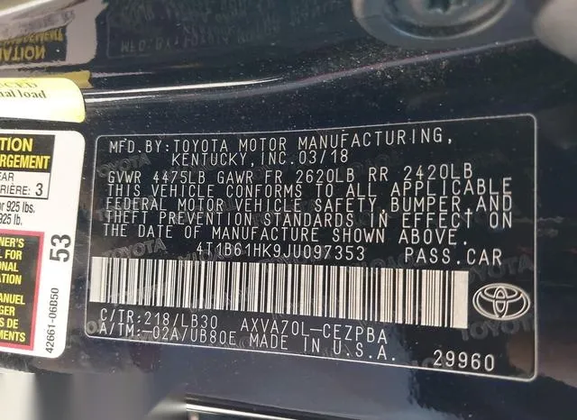 4T1B61HK9JU097353 2018 2018 Toyota Camry- Xse 9