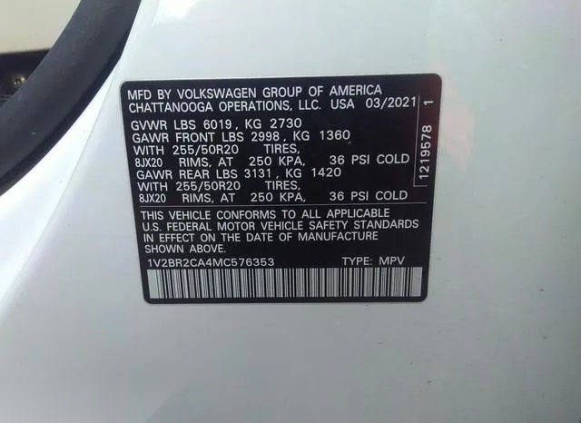 1V2BR2CA4MC576353 2021 2021 Volkswagen Atlas- 3-6L V6 Sel 9