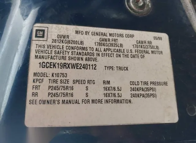 1GCEK19RXWE240112 1998 1998 Chevrolet K1500- Fleetside 9