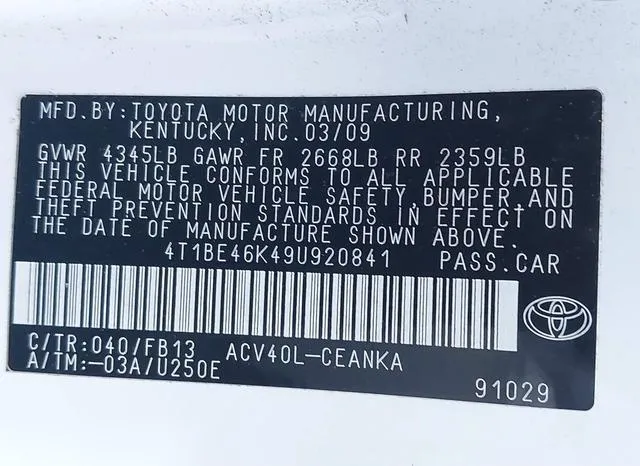 4T1BE46K49U920841 2009 2009 Toyota Camry- LE 9