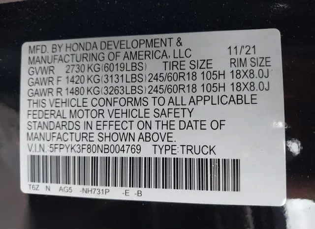 5FPYK3F80NB004769 2022 2022 Honda Ridgeline- Black Edition 9