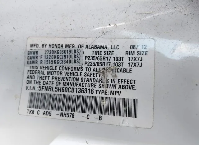 5FNRL5H60CB136316 2012 2012 Honda Odyssey- Ex-L 9