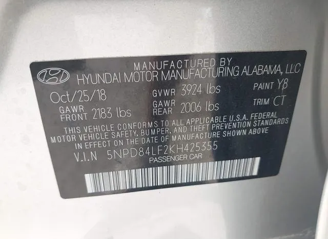 5NPD84LF2KH425355 2019 2019 Hyundai Elantra- Sel 9