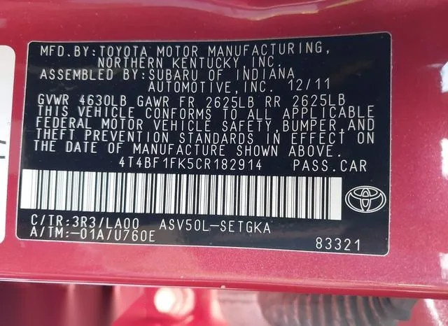 4T4BF1FK5CR182914 2012 2012 Toyota Camry- Xle 9