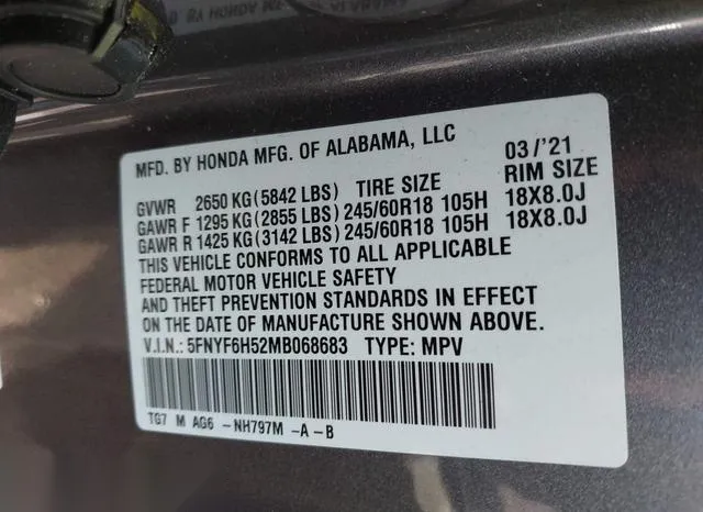 5FNYF6H52MB068683 2021 2021 Honda Pilot- Awd Ex-L 9