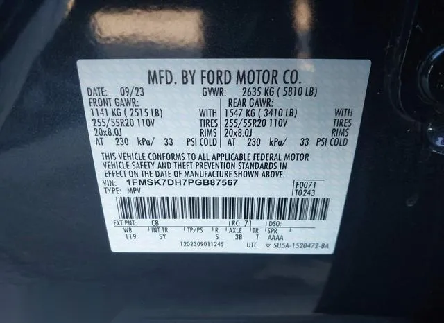 1FMSK7DH7PGB87567 2023 2023 Ford Explorer- Xlt 9