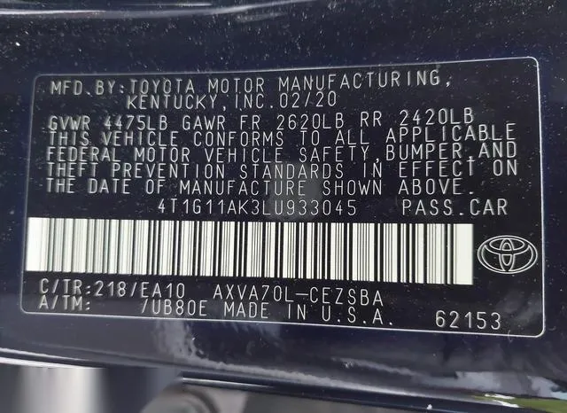 4T1G11AK3LU933045 2020 2020 Toyota Camry- SE 9