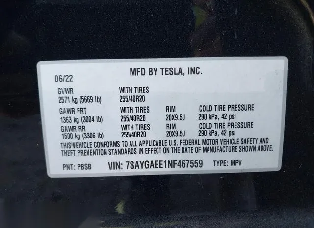 7SAYGAEE1NF467559 2022 2022 Tesla Model Y- Long Range Dual 9