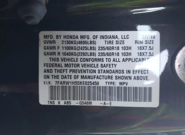 7FARW1H55KE025450 2019 2019 Honda CR-V- EX 9