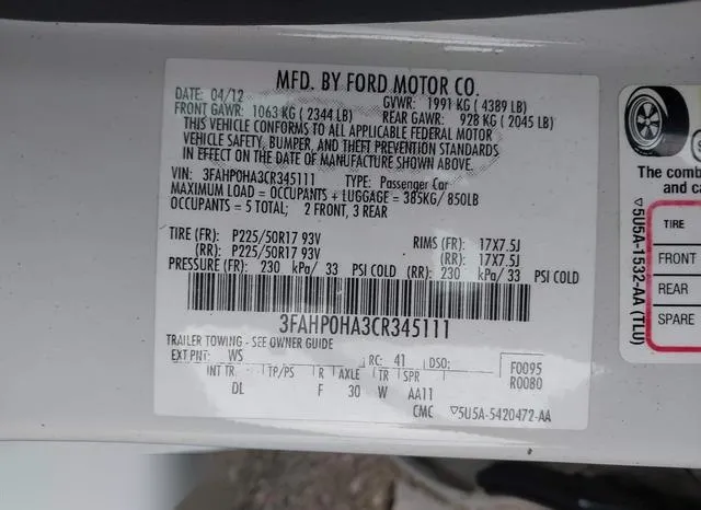 3FAHP0HA3CR345111 2012 2012 Ford Fusion- SE 9