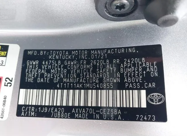 4T1T11AK1MU540855 2021 2021 Toyota Camry- SE 9