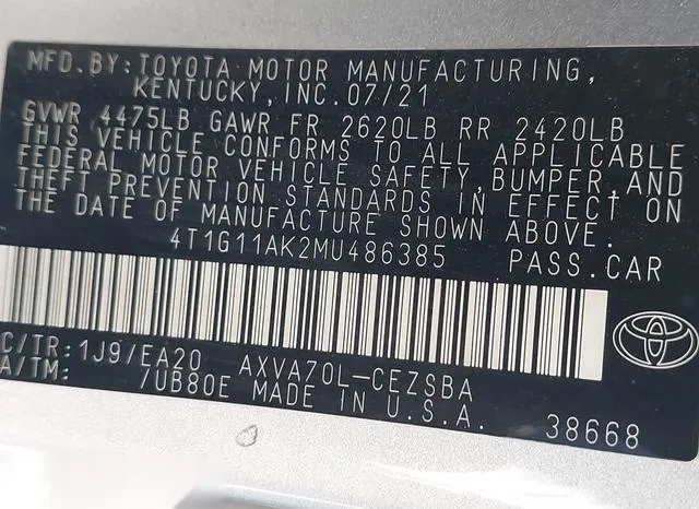 4T1G11AK2MU486385 2021 2021 Toyota Camry- SE 9