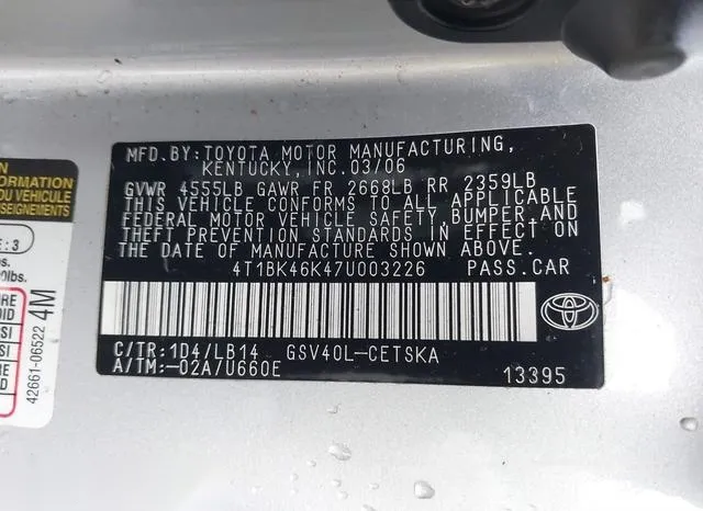 4T1BK46K47U003226 2007 2007 Toyota Camry- Se V6 9