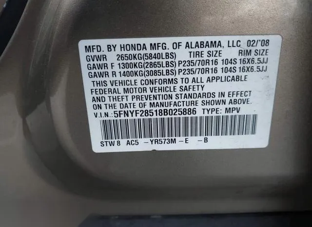 5FNYF28518B025886 2008 2008 Honda Pilot- Ex-L 9