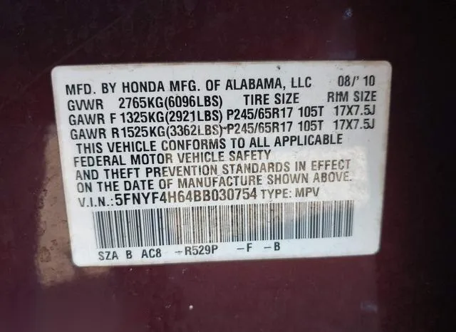 5FNYF4H64BB030754 2011 2011 Honda Pilot- Ex-L 9