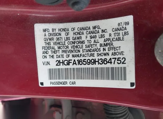 2HGFA16599H364752 2009 2009 Honda Civic- LX 9