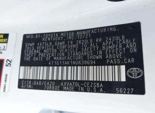 4T1G11AK1NU639694 2022 2022 Toyota Camry- SE 9