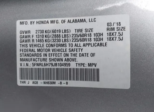 5FNRL6H79JB104959 2018 2018 Honda Odyssey- Ex-L 9