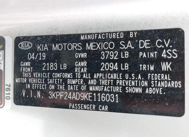 3KPF24AD9KE116031 2019 2019 KIA Forte- Lxs 9