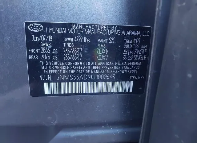 5NMS33AD9KH002643 2019 2019 Hyundai Santa Fe- Sel 9