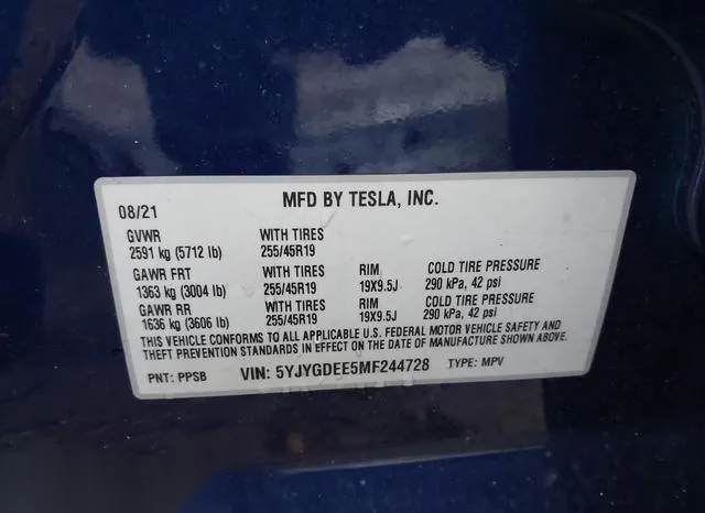 5YJYGDEE5MF244728 2021 2021 Tesla Model Y- Long Range Dual 9