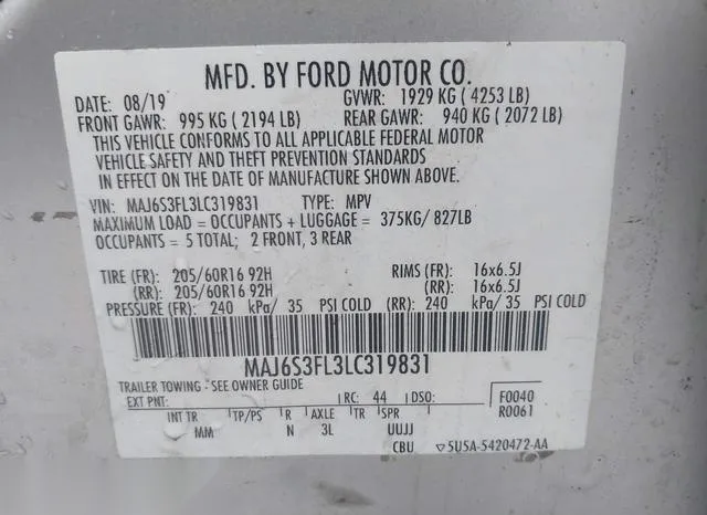 MAJ6S3FL3LC319831 2020 2020 Ford Ecosport- S 9