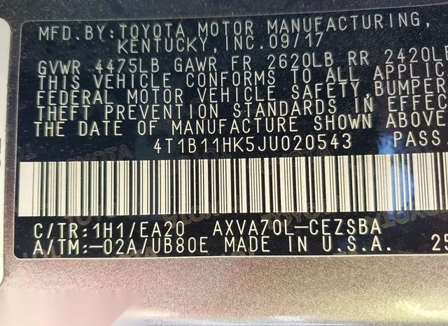 4T1B11HK5JU020543 2018 2018 Toyota Camry- SE 9