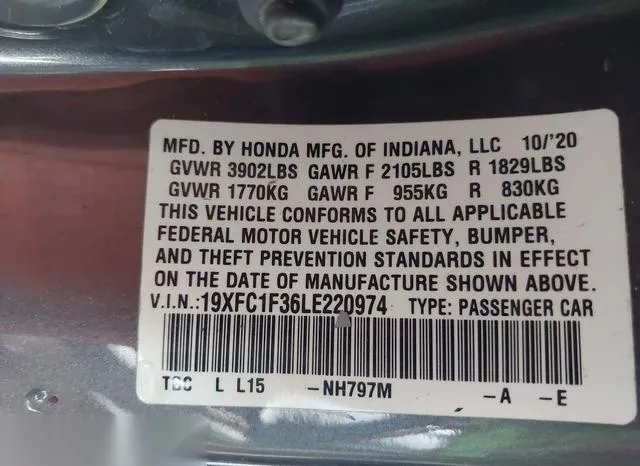 19XFC1F36LE220974 2020 2020 Honda Civic- EX 9