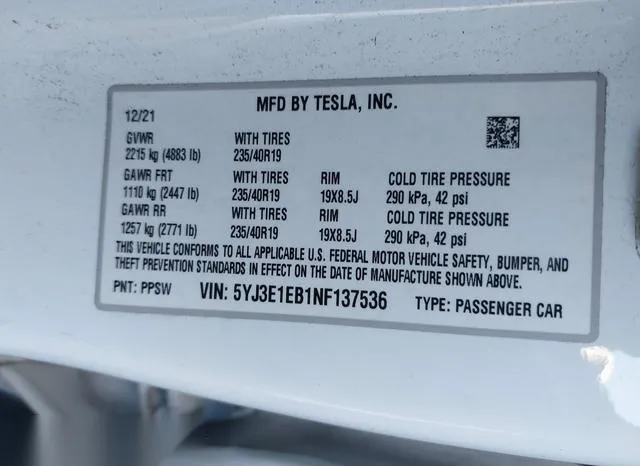 5YJ3E1EB1NF137536 2022 2022 Tesla Model 3- Long Range Dual 9