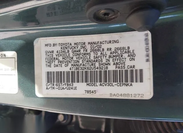 4T1BE32K62U549218 2002 2002 Toyota Camry- LE 9