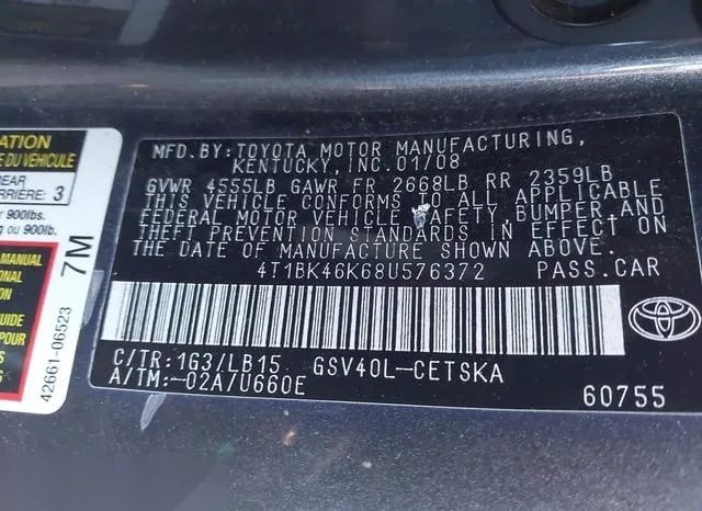 4T1BK46K68U576372 2008 2008 Toyota Camry- Se V6 9