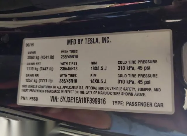 5YJ3E1EA1KF399916 2019 2019 Tesla Model 3- Long Range/Mid R 9