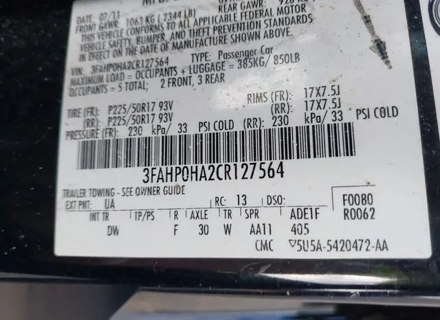 3FAHP0HA2CR127564 2012 2012 Ford Fusion- SE 9