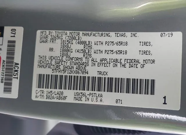 5TFHY5F12KX867094 2019 2019 Toyota Tundra- Limited 5-7L V8 9