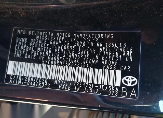 5YFBURHE5KP881840 2019 2019 Toyota Corolla- SE 9