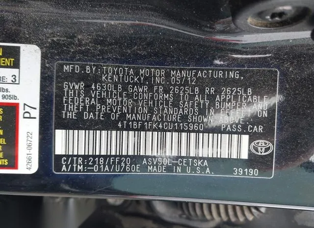 4T1BF1FK4CU115960 2012 2012 Toyota Camry- SE 9