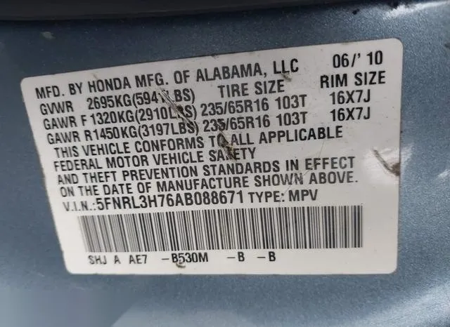 5FNRL3H76AB088671 2010 2010 Honda Odyssey- Ex-L 9