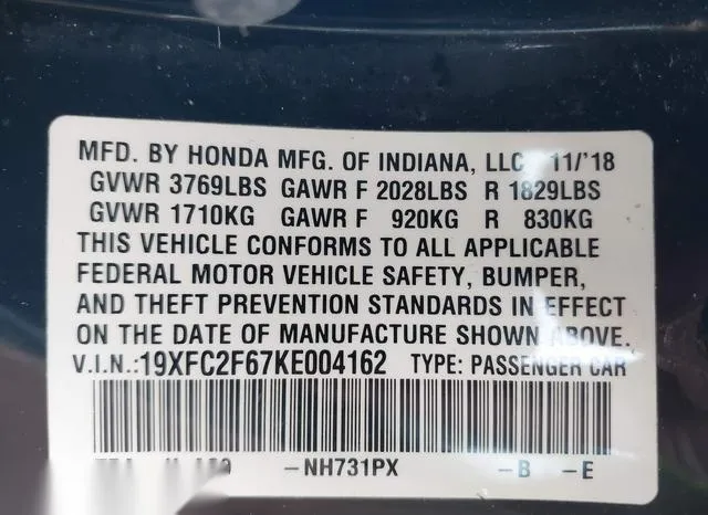 19XFC2F67KE004162 2019 2019 Honda Civic- LX 9