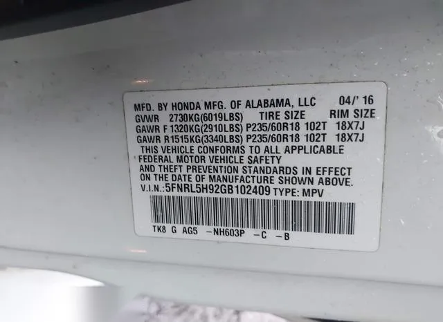 5FNRL5H92GB102409 2016 2016 Honda Odyssey- Touring/Touring 9