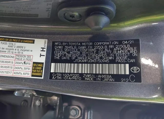 JTDKAMFU0M3150945 2021 2021 Toyota Prius- LE 9