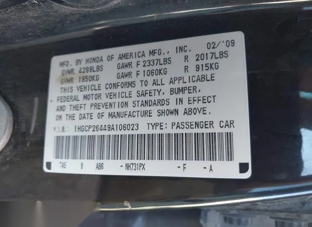 1HGCP26449A106023 2009 2009 Honda Accord- 2-4 Lx-P 9