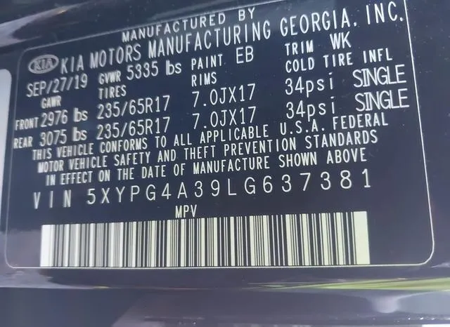 5XYPG4A39LG637381 2020 2020 KIA Sorento- 2-4L Lx 9