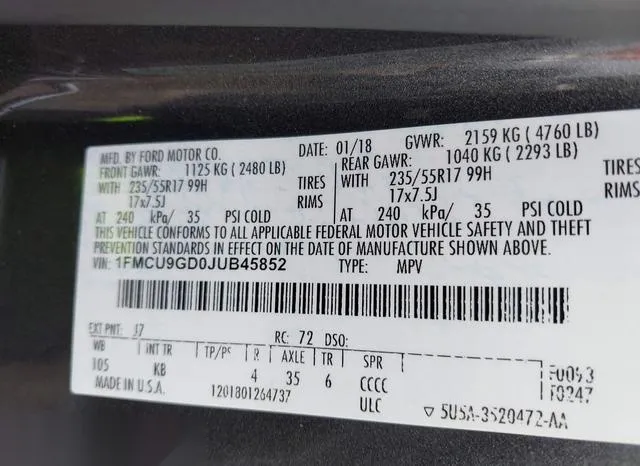 1FMCU9GD0JUB45852 2018 2018 Ford Escape- SE 9