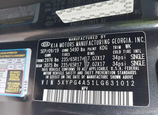 5XYPG4A51LG631012 2020 2020 KIA Sorento- 3-3L Lx 9