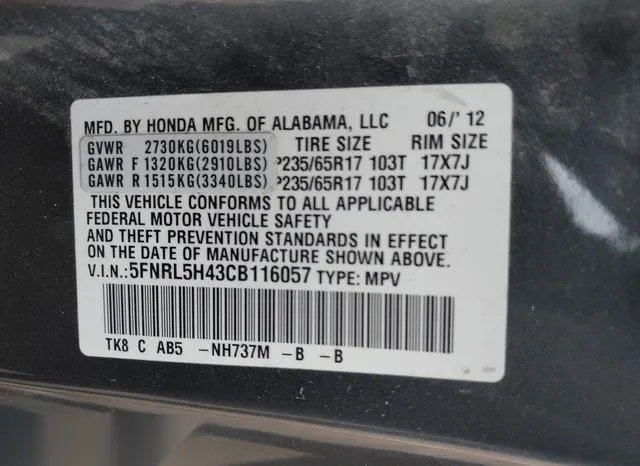 5FNRL5H43CB116057 2012 2012 Honda Odyssey- EX 9