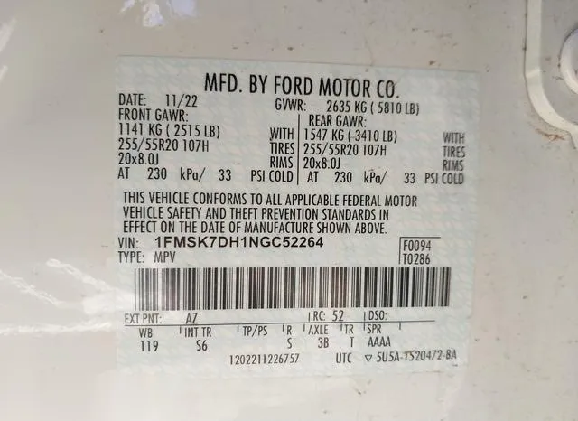 1FMSK7DH1NGC52264 2022 2022 Ford Explorer- Xlt 9